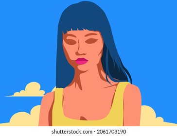 Stylish people vector illustration in retro pop art style. Beautiful Asian girl in yellow casual outfit and blue sky background. Suitable for fashion or beauty content.