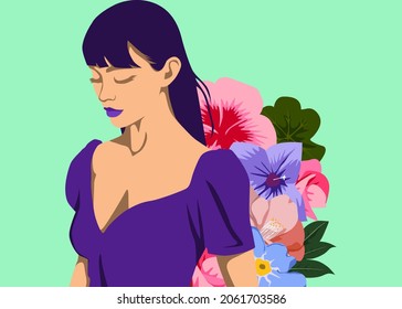 Stylish people vector illustration in retro pop art style. Beautiful elegant long hair woman with eye closed and floral background. Suitable for fashion or beauty content.