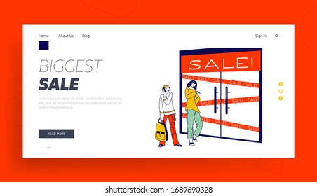 Stylish People Waiting for Store Boutique or Showroom Opening Landing Page Template. Characters Dressed in Trendy Clothes Standing in Line or Queue at Shop Entrance. Linear People Vector Illustration