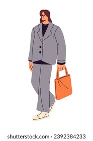 Stylish people walking. Young woman wearing suit with oversize jacket. Happy girl in urban outfit strolling, carrying tote bag. Modern fashion. Flat isolated vector illustration on white background