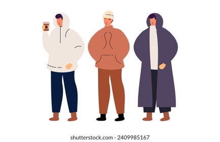 Stylish People Wearing Warm Winter Clothes. Men, Women in Outfits for Cold Weather Vector Illustration