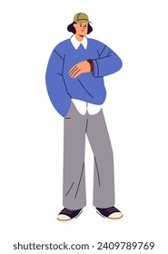Stylish people. Young person standing, wait, checking clock by wristwatch. Man in cap wearing casual outfit in street style. Time management. Flat isolated vector illustration on white background