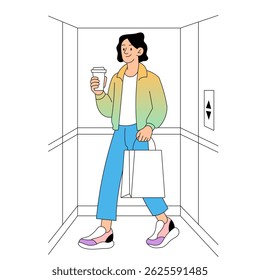 Stylish person with coffee and shopping bag standing in elevator