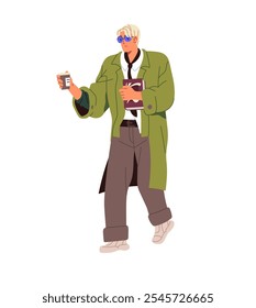 Stylish person in raincoat carries paper cup of takeaway coffee. Young man with glasses holds books, walks. Hipster in fashion autumn outfit hurries. Flat isolated vector illustration on white