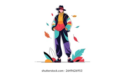 Stylish person wearing trendy retro athletic clothing with abstract foliage and natural elements surrounding them