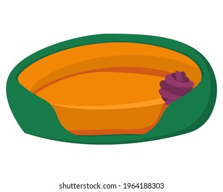 Stylish pet bed. Plank bed for cats and dogs. Soft bed for pets with a toy isolated on a white background. Pet accessories
