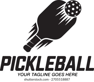 Logotipo elegante del pickleball que presenta la paleta, la bola y la tipografía para la marca relacionada con los deportes.