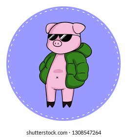 Stylish pig in down jacket and black sunglasses. Vector illustration.