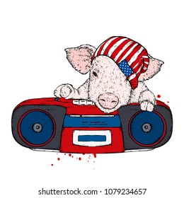 Stylish pig hipster and old cassette tape recorder. Vector illustration.