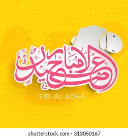 Stylish pink Arabic Islamic calligraphy of text Eid-Ul-Adha Mubarak with sheep on yellow background for Islamic Festival of Sacrifice celebration. 