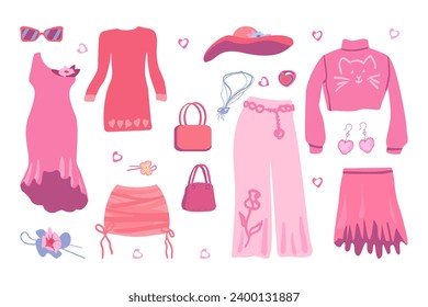 Stylish pink clothes. Fashion trends. Stylized illustration. Isolated vector objects for stickers, print.