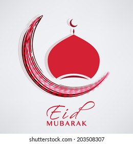 Elegante diseño de luna creciente rosa y mezquita roja sobre fondo azul para las celebraciones del festival de la comunidad musulmana Eid Mubarak. 