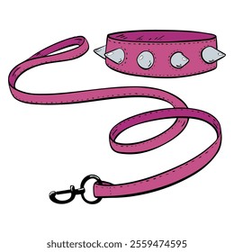 Stylish Pink Dog Collar and Leash combination featuring trendy spikes for a modern touch.Vector illustration. Pet shop