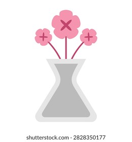 Stylish pink flower icon with plus and cross symbols inside a grey vase. Floral arrangement emblem suitable for decoration, gardening apps, or botanical design projects.