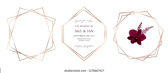 Stylish pink glitter gold geometric vector design frames. Set of golden geometry line art cards. Delicate art deco style. Diamond shaped wedding invitation. All elements are isolated and editable.