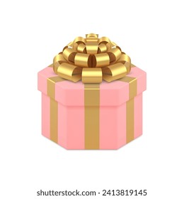 Stylish pink hexagonal gift box with premium golden bow ribbon holiday surprise 3d icon realistic vector illustration. Fashion elegant feminine hexagon package for festive present Women's Day