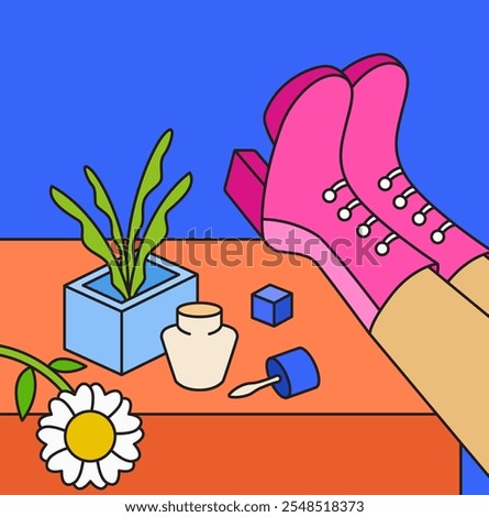 Stylish Pink High Heels Resting on a Vibrant Table Surrounded by Decorative Elements, Including Houseplants and Beauty Products