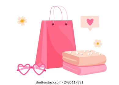 Stylish pink illustration with girl shopping things includes bag, clothes and eyeglasses.