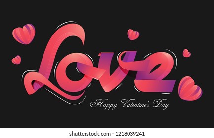 Stylish pink lettering of Love with paper origami of hearts on black background. Valentines Day greeting card design.