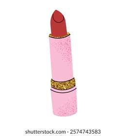 Stylish pink lipstick with golden details. Elegant cosmetic design for beauty and fashion themes. Flat vector illustration isolated on white background.