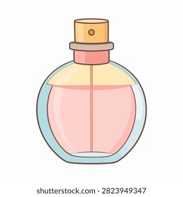 Stylish pink perfume bottle with a rounded shape, gold cap, and transparent glass design, ideal for beauty, fragrance, and cosmetic product presentation.