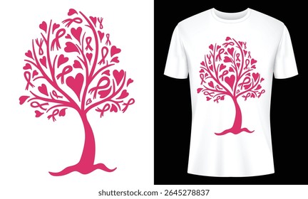 Stylish pink ribbon tree design on a white t-shirt perfect for breast cancer awareness campaigns and fundraising events. Show your support.