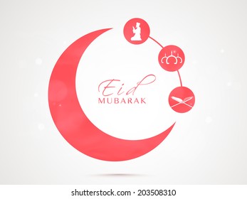 Stylish pink sticky in crescent moon shape with Islamic religious book Quran Shareef, mosque and young muslim man praying on grey background. 