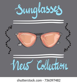 Stylish pink sunglasses with lines, arrows, dots, waves and lettering