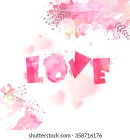 Stylish pink text Love on beautiful floral design and glossy hearts decorated background for Happy Valentine's Day celebration.