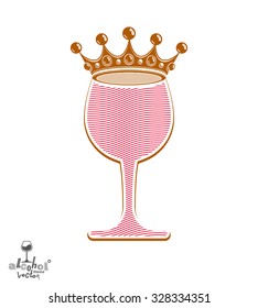 Stylish pink wineglass with imperial crown isolated on white background. Success theme vector goblet, eps8.