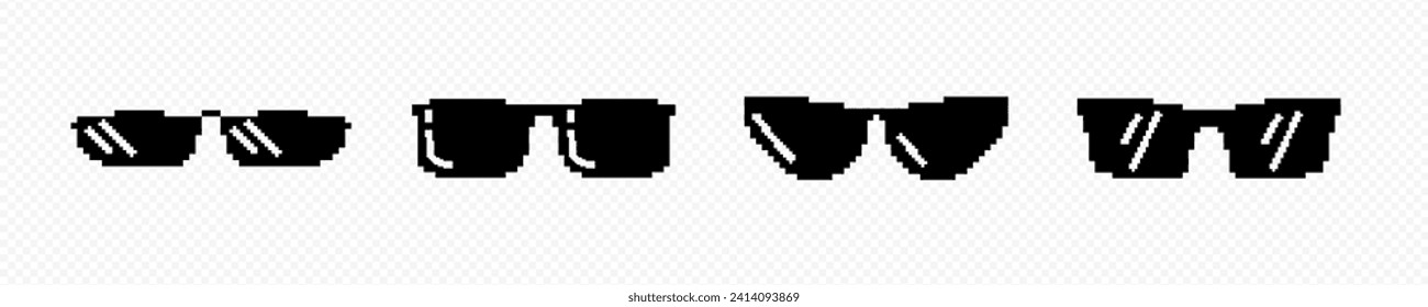 Stylish pixel glasses with black frames set. Rappers 8bit optical accessories for everyday wear and sun protection with geometric vector shaped lenses