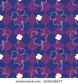 Stylish plaid pattern featuring bold purple clover flowers and white accents, ideal for St. Patrick’s Day, fabric design, and playful seasonal themes.