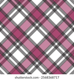 A stylish plaid pattern featuring intersecting lines in shades of pink, gray, and white, perfect for textile designs or digital backgrounds.