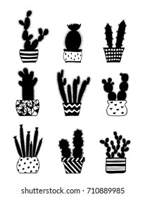 Stylish plant in funny pot seamless pattern. Hand drawn vector black and white illustrations. Cartoon doodle. Background, wallpaper. Colouring page. Cactus texture for web, print, fabric.