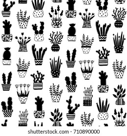 Stylish plant in funny pot seamless pattern. Hand drawn vector black and white illustrations. Cartoon doodle. Background, wallpaper. Colouring page. Cactus texture for web, print, fabric.