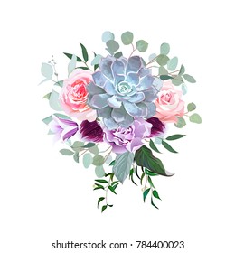 Stylish plum colored and pink flowers vector design bouquet. Rose, purple carnation, bell flower, succulent, eucalyptus, orchid. Floral bunch. Winter mood composition. All elements are isolated