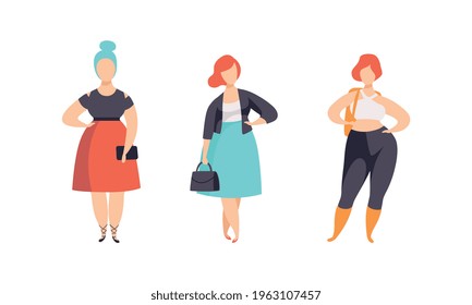Stylish Plump Young Women Set, Plus Size Girls in Fashionable Clothes Flat Vector Illustration