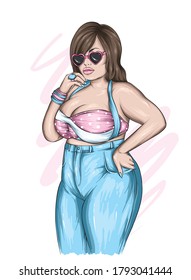 Stylish plus size girl with long hair in a beautiful top and pants. Fashion clothes and accessories, fashion and style. Vector illustration. Body positive.