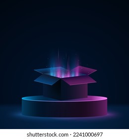 Stylish podium and glowing magical 3d box with light effect. Pedestal to display your brand. Stage for sale design. Vector illustration. EPS 10