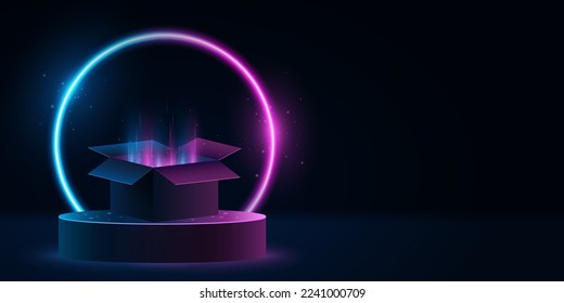 Elegante podio con mágico brillante caja 3d sobre fondo de neón morado y azul. Pedestal para mostrar tu marca. Escena a la venta. Ilustración vectorial. EPS 10