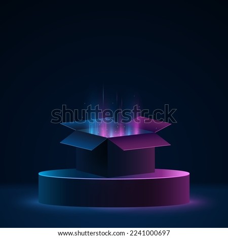 Stylish podium and glowing magical 3d box with light effect. Pedestal to display your brand. Stage for sale design. Vector illustration. EPS 10
