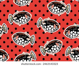 Stylish polka dots puffer fish, puffers, balloonfish, blowfish or globefish seamless pattern vector illustration, Design for fashion , fabric, textile, wallpaper , wrapping and all prints on red