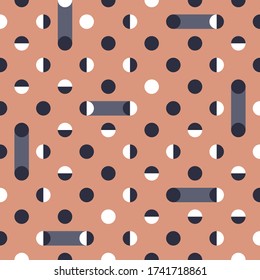 Estiloso patrón vectorial sin fisuras Polka-Dot. Elegante patrón geométrico vibrante semiregular con círculos de baldosas y rectángulos sobre fondo naranja quemado. Ideal para la moda, el diseño interior, los papeles pintados. 