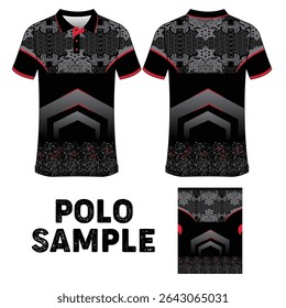 Stylish polo shirt design featuring a bold geometric pattern in black and red tones. Ideal for sportswear or casual fashion, with a modern gradient effect and abstract textures.