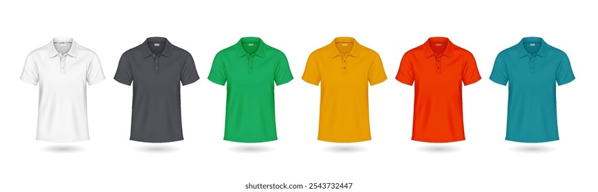 Stylish polo shirts mockup realistic vector illustrations set. Colorful cotton t-shirts for summer template 3d model on white background