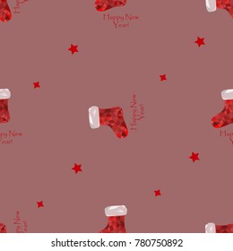 Stylish polygonal Christmas socks on the purple background. Perfect for cover, card, wall paper, wrapping and interior design. Vector seamless pattern