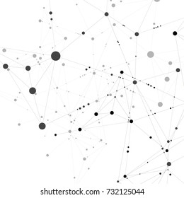 Stylish, polygonal pattern of connected black lines and dots on white background. Designed for use in new technology projects. Simple, beautiful, minimalistic, abstract background.
