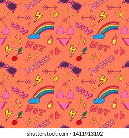Stylish pop art seamless pattern with decoration element such strawberry, rainbow, bikini, sunglasses, icecream etc. Cartoon vector illustration for banner design on colorfull background.