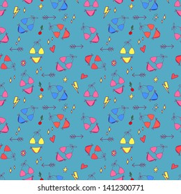 Stylish pop art seamless pattern with decoration element such strawberry, rainbow, bikini, sunglasses, icecream etc. Cartoon vector illustration for banner design on colorfull background.