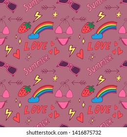 Stylish pop art seamless pattern with decoration element such strawberry, rainbow, bikini, sunglasses, icecream etc. Cartoon vector illustration for banner design on colorfull background.